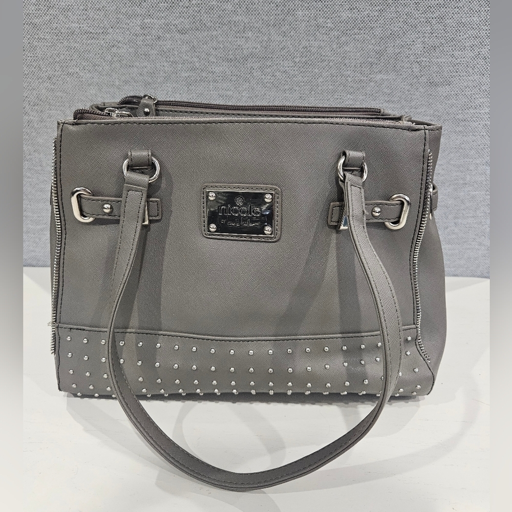 Nicole Miller Gray Shoulder Bag with Studded Details. Ladies Modern Purse